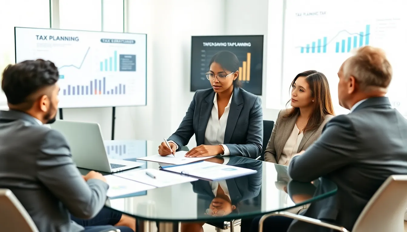 financial planner discussing tax strategies with diverse clients.