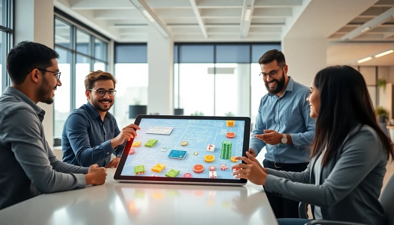 diverse team collaborating on online gaming design in a modern office.