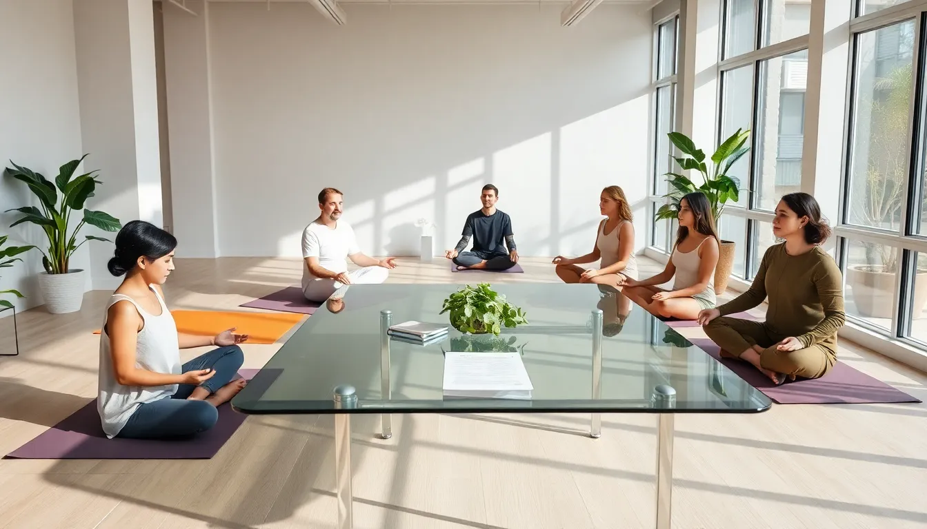 diverse adults engaging in mindfulness activities in a bright, modern workspace.