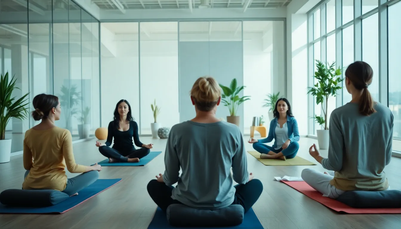 professionals practicing mindfulness in a modern office setting.