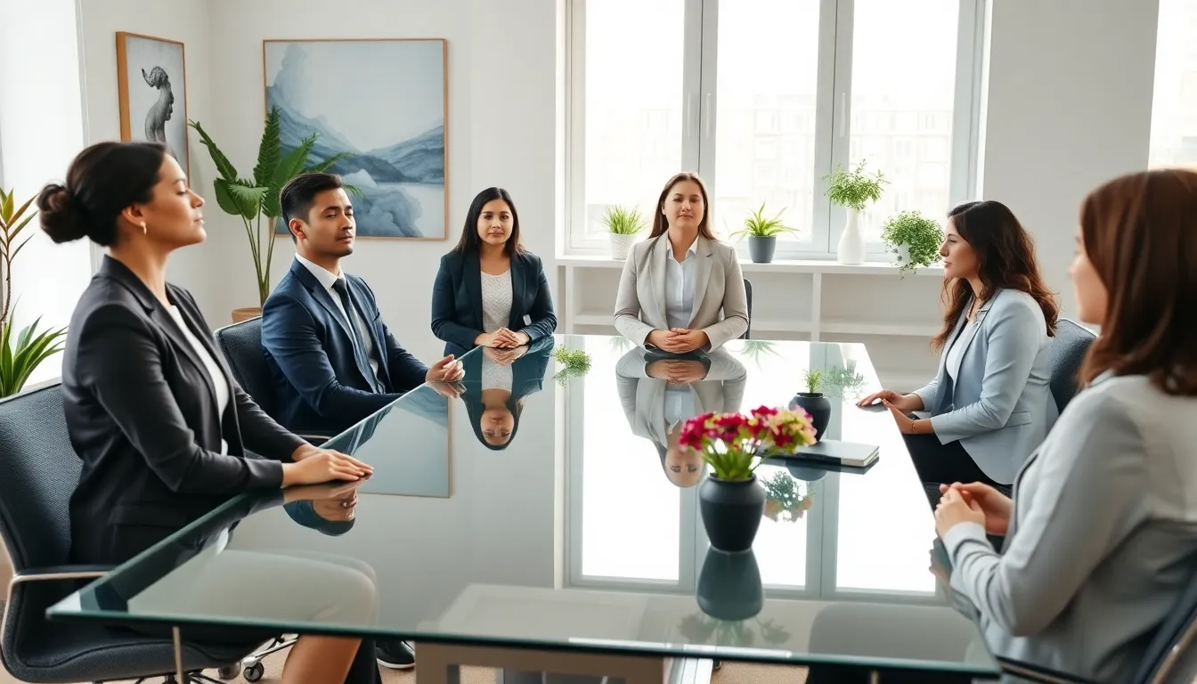 professionals practicing mindfulness in a modern office setting.