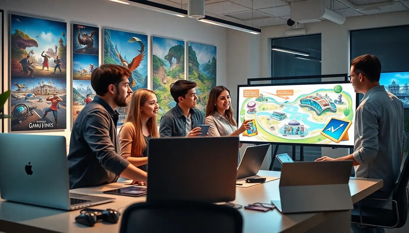 diverse team collaborating in a modern gaming workspace.