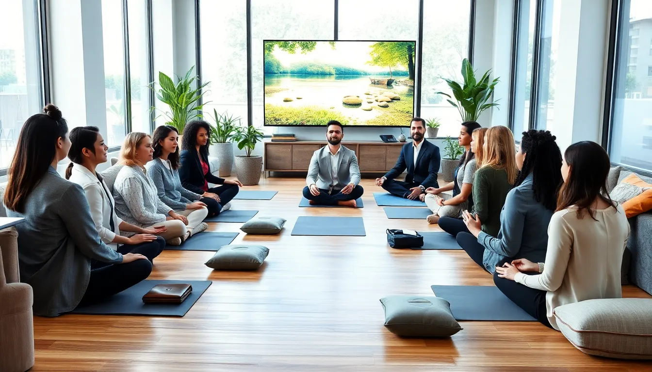 professionals practicing mindfulness in a modern office setting.