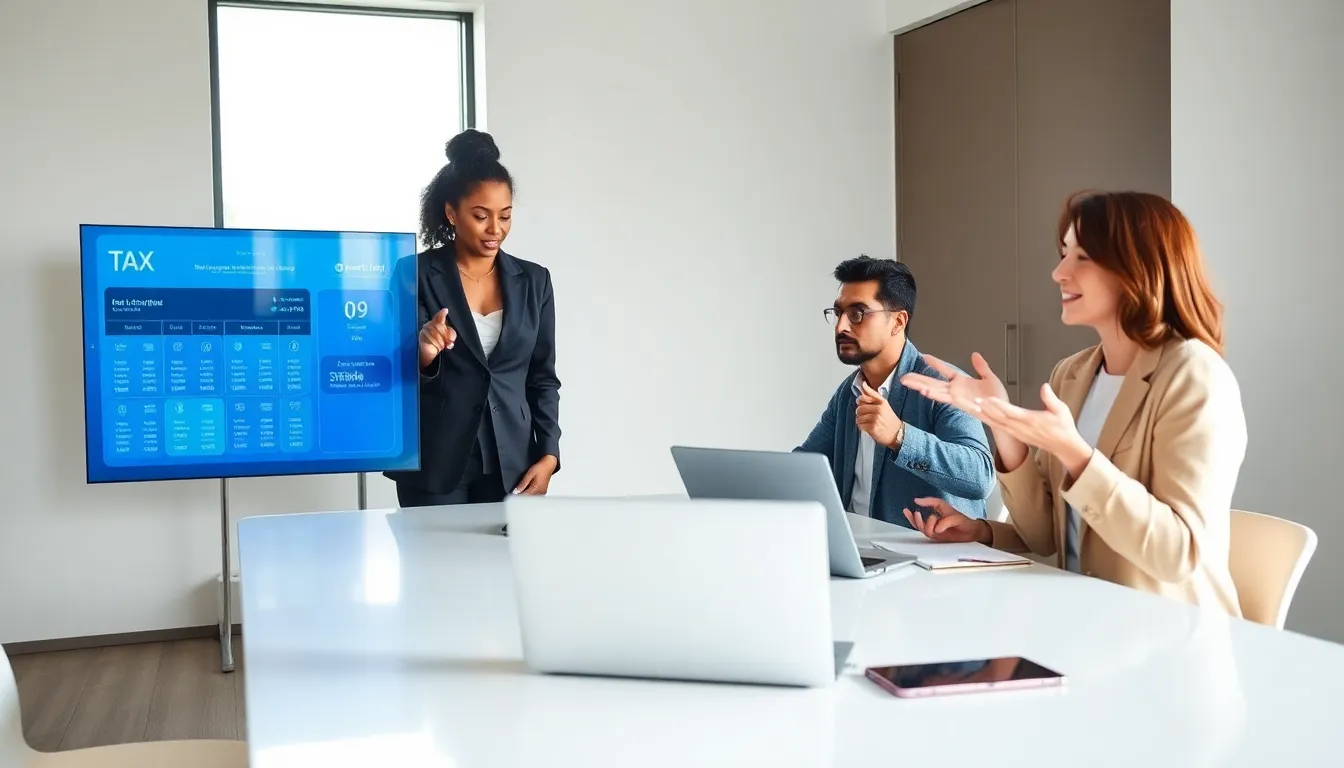 team discussing strategies to manage federal income tax in a modern office.