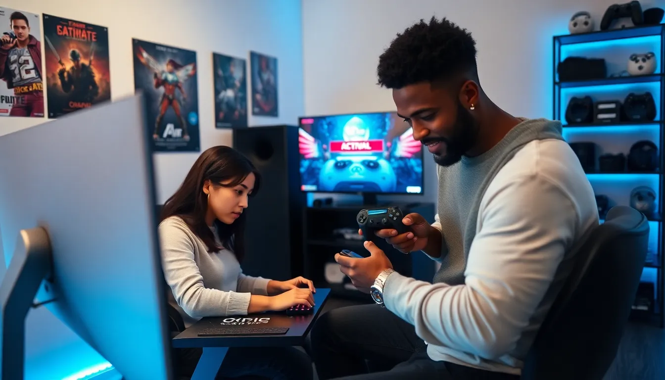 gamers activating their console in a modern gaming setup.