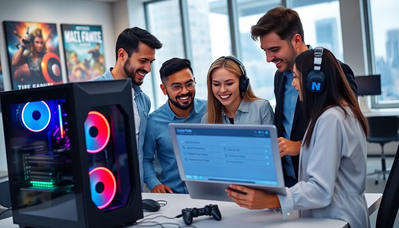 diverse team discussing gaming discount codes in a modern office.